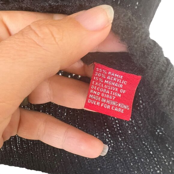 Vintage 90s Black Crochet Faux Fur Trim Ramie Mohair Blend Button Up Cardigan La - Picture 5 of 8